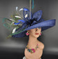 Navy Blue Sinamay Kentucky Derby Hat: Wide Brim Feathered Church Hat