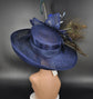 Navy Blue Sinamay Kentucky Derby Hat: Wide Brim Feathered Church Hat