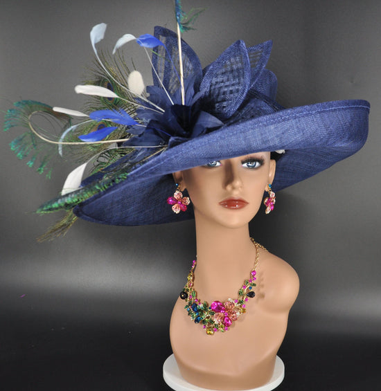 Navy Blue Sinamay Kentucky Derby Hat: Wide Brim Feathered Church Hat