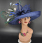 Navy Blue Sinamay Kentucky Derby Hat: Wide Brim Feathered Church Hat