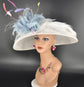 White Sinamay Kentucky Derby Hat: Powder Blue Feather Flower
