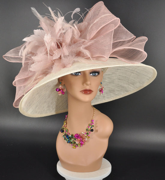 Ivory Sinamay Derby Hat: Blush Pink Feather Flowers & Bows