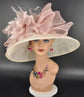 Ivory Sinamay Derby Hat: Blush Pink Feather Flowers & Bows