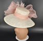Ivory Sinamay Derby Hat: Blush Pink Feather Flowers & Bows