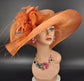 Orange Feather Flower Sinamay Derby Hat: Wide Brim Church Hat