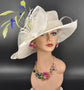 Wide Brim Sinamay Derby Hat: Off White, Royal Blue & Lemon Feathers