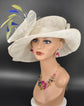 Wide Brim Sinamay Derby Hat: Off White, Royal Blue & Lemon Feathers