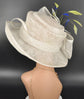 Wide Brim Sinamay Derby Hat: Off White, Royal Blue & Lemon Feathers