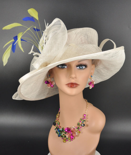 Wide Brim Sinamay Derby Hat: Off White, Royal Blue & Lemon Feathers