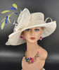 Wide Brim Sinamay Derby Hat: Off White, Royal Blue & Lemon Feathers