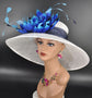 Sinamay Kentucky Derby Hat: White Wide Brim with Blue Feather Flower