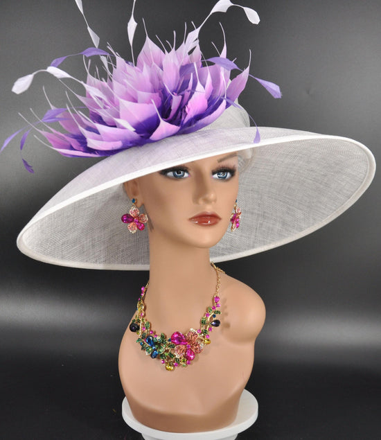 White Sinamay Kentucky Derby Hat: Purple Feather Flower Wide Brim