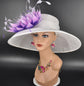 White Sinamay Kentucky Derby Hat: Purple Feather Flower Wide Brim