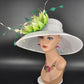 White Sinamay Kentucky Derby Hat: Green Feather Flower Wide Brim