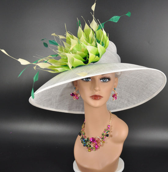 White Sinamay Derby Hat: Green Feather Flower Wide Brim