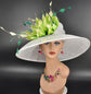 White Sinamay Kentucky Derby Hat: Green Feather Flower Wide Brim