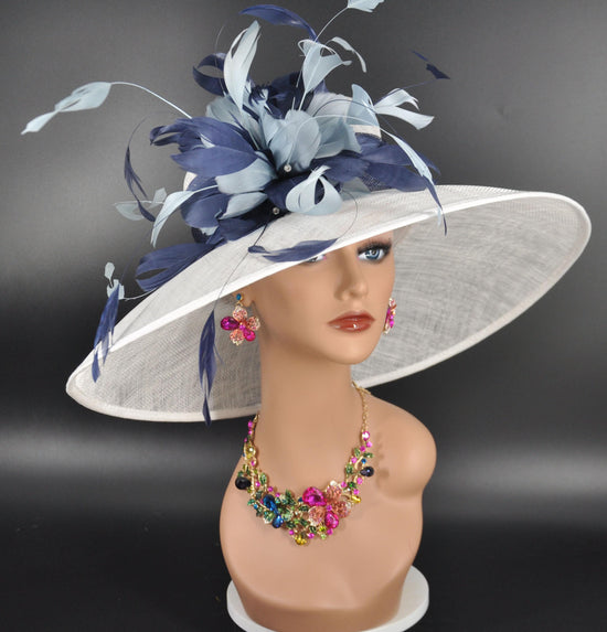 Sinamay Derby Hat: Feather Flower Wide Brim Tea Party Hat
