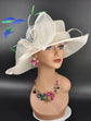 Wide Brim Sinamay Derby Hat: Off White, Royal Blue & Green Feathers