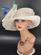 Wide Brim Sinamay Derby Hat: Off White, Royal Blue & Green Feathers