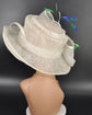Wide Brim Sinamay Derby Hat: Off White, Royal Blue & Green Feathers