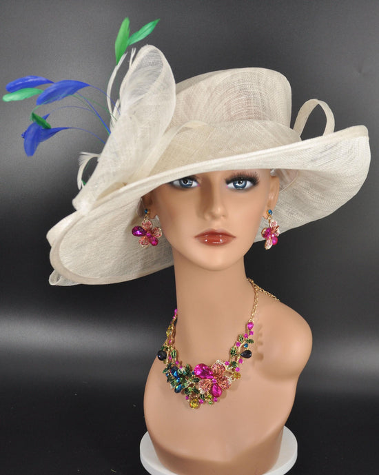 Wide Brim Sinamay Derby Hat: Off White, Royal Blue & Green Feathers
