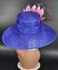 Royal Blue Sinamay Derby Hat: Fuchsia Feather Flower, Wide Brim