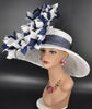 Church, Kentucky Derby Hat,Wide Brim Sinamay Hat ,Carriage, Tea Party ,Wedding , White w Navy Blue  Feather Flower