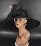Wide Brim Sinamay Hat Church Kentucky Derby Hat Carriage Tea Party Wedding Jumbo Bows Black w Mix Pink Feathers