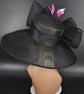 Wide Brim Sinamay Hat Church Kentucky Derby Hat Carriage Tea Party Wedding Jumbo Bows Black w Mix Pink Feathers