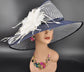 Navy Blue Sinamay Derby Hat: Feather Flower Ascot Hat