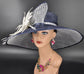 Navy Blue Sinamay Derby Hat: Feather Flower Ascot Hat