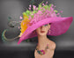 Fuchsia Pink Wide-Brim Sinamay Hat: Kentucky Derby Feather Floral