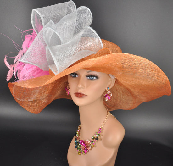 Orange Wide-Brim Hat with Lily Pink Feather Flower,Powder Blue Bows Elegant Statement Design Perfect for Kentucky Derby Party  Formal Events