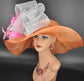 Orange Wide-Brim Hat with Lily Pink Feather Flower,Powder Blue Bows Elegant Statement Design Perfect for Kentucky Derby Party  Formal Events