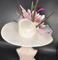 Wide Brim Kentucky Derby Hat: Pink Flower, Peacock Feathers