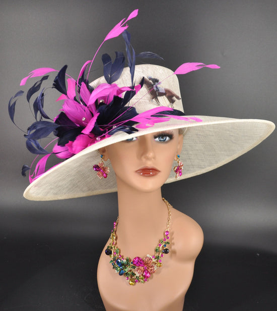 Kentucky Derby Sinamay Wide Brim Hat: Fuchsia Pink & Navy Feather Statement