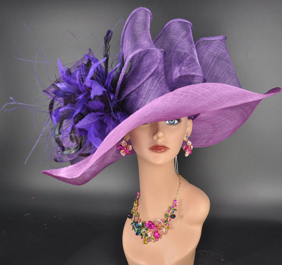 Mix Purple Wide-Brim  Sinamay Hat Feather Flower,Powder Blue Bows Elegant Statement Design Perfect for Kentucky Derby Party Formal Events