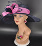 Sinamay Kentucky Derby Hat: Navy Blue Wide Brim with Hot Pink Rhinestones