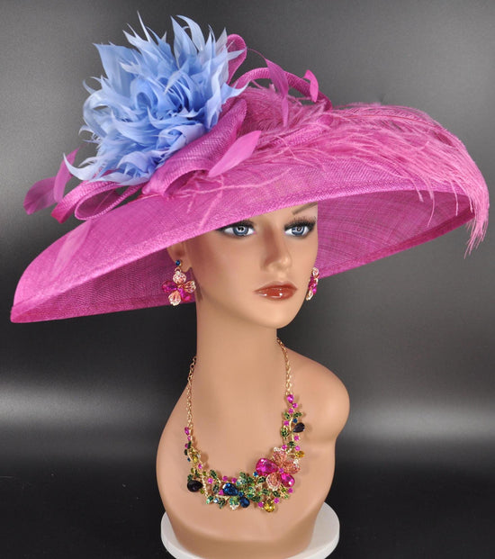 Fuchsia Sinamay Kentucky Derby Hat: Feather Flower Wide Brim