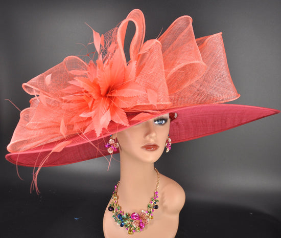 Coral Feather Derby Hat: Wide Brim Sinamay Ascot Hat