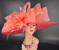 Coral Feather Derby Hat: Wide Brim Sinamay Ascot Hat