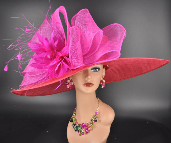 Red & Fuchsia Sinamay Derby Hat: Wide Brim Feather Flower