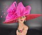 Red & Fuchsia Sinamay Derby Hat: Wide Brim Feather Flower