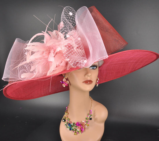 Wide Brim Sinamay Derby Hat: Red, Pink Feather Flower & Netting Bow