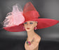 Wide Brim Sinamay Derby Hat: Red, Pink Feather Flower & Netting Bow
