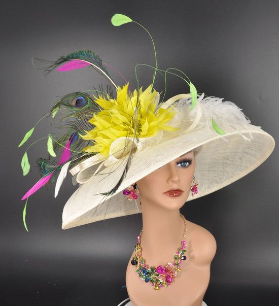 Wide Brim Sinamay Kentucky Derby Hat: Ivory, Yellow, & Peacock Feather