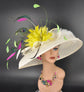 Wide Brim Sinamay Kentucky Derby Hat: Ivory, Yellow, & Peacock Feather