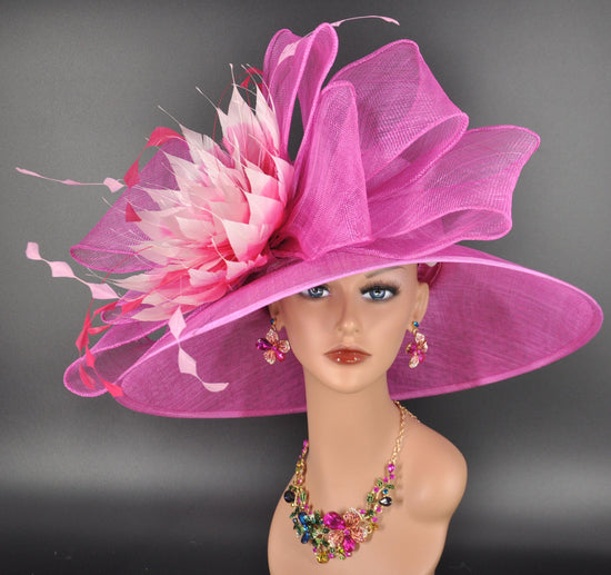 Fuchsia Pink Feather Flower Hat: Royal Ascot Kentucky Derby Occasion Hat