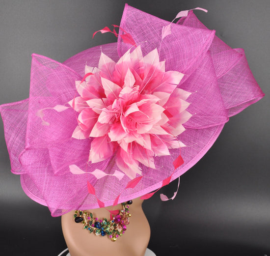 Fuchsia Pink Feather Flower Hat: Royal Ascot DerbyOccasion Hat