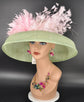Sinamay Dome Hat: Green & Pink Feather Kentucky Derby Tea Party Hat